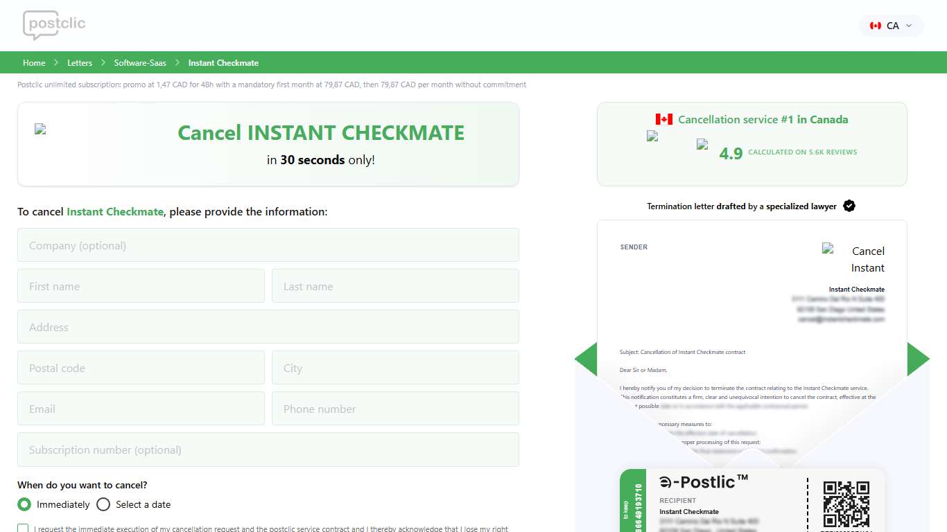 Cancel Instant Checkmate Online Postclic